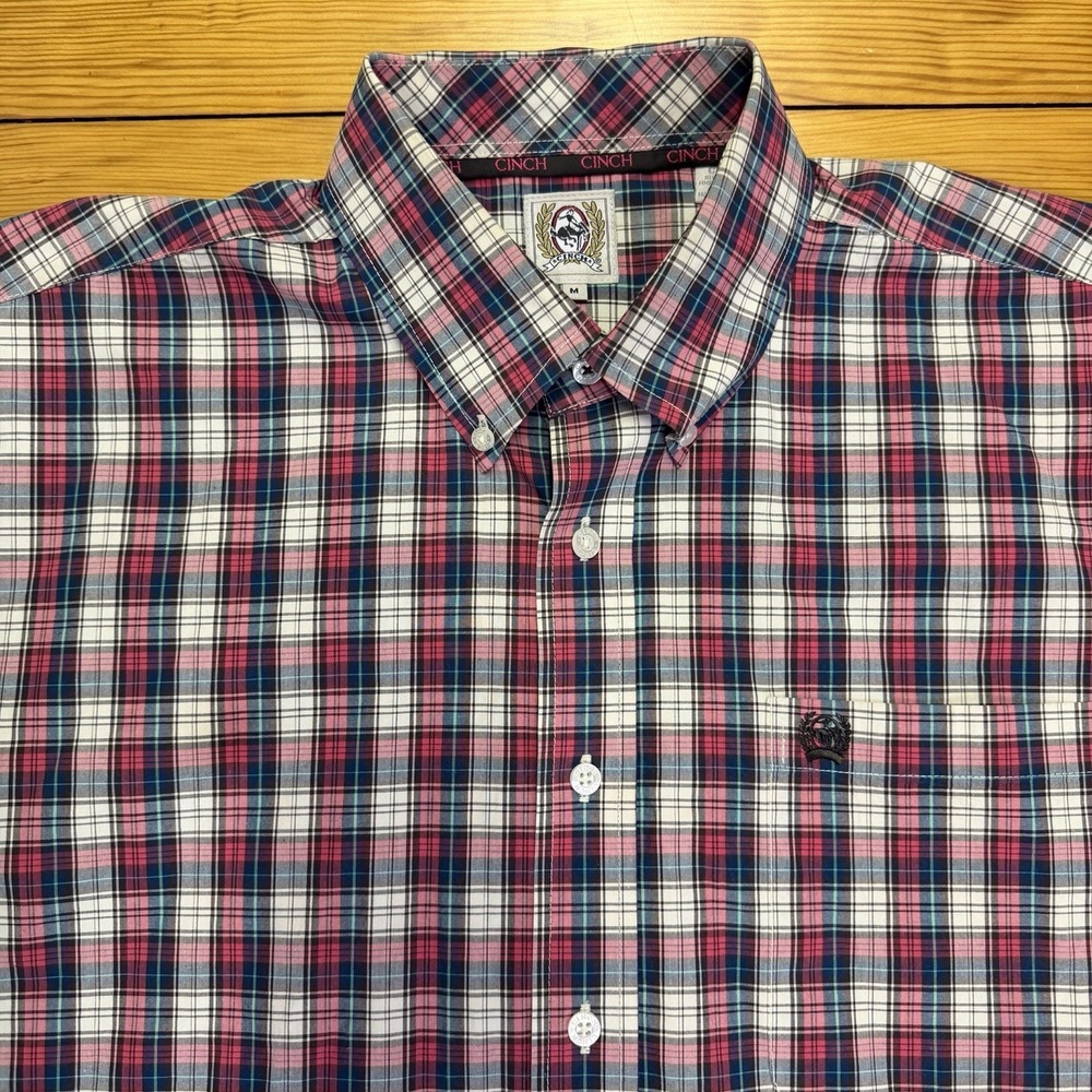 Cinch Shirt Men's Western Cowboy Pink Blue Plaid Button Down Long Sleeve Medium - Picture 1 of 11